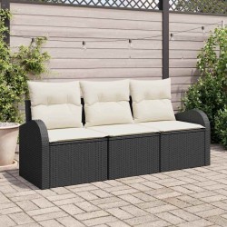 Ensemble de canapé de jardin 3 pièces avec coussins noir poly rotin 