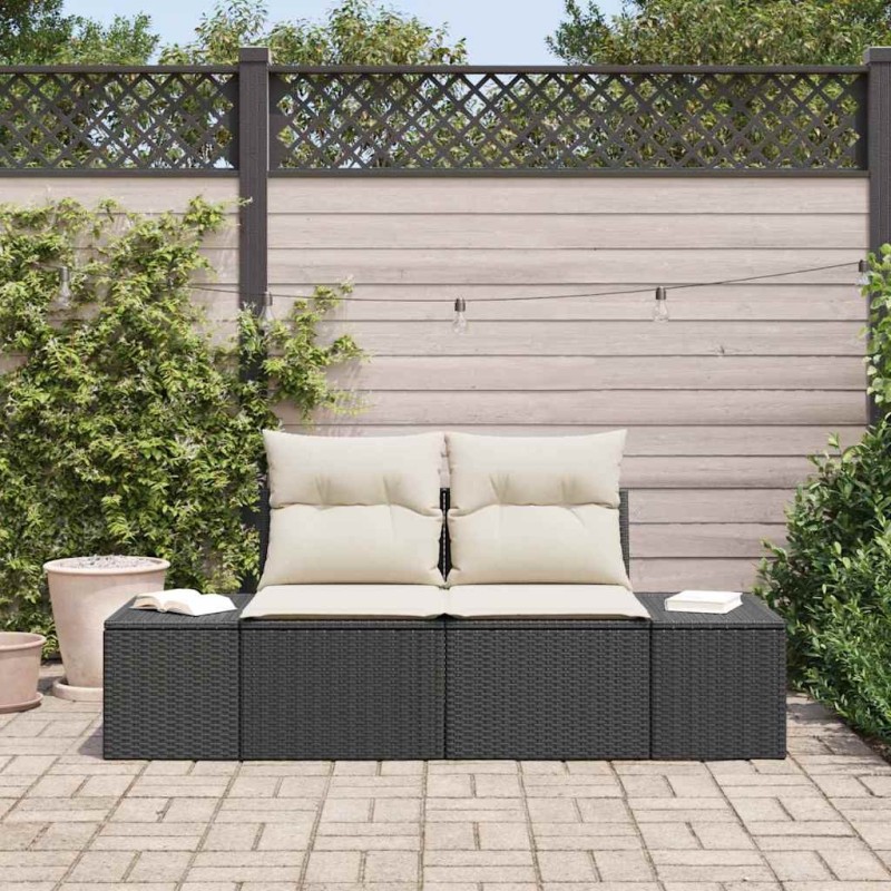 Canapé de jardin 2 places avec rangement et coussins en rattan noir poly 