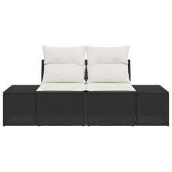 Canapé de jardin 2 places avec rangement et coussins en rattan noir poly 