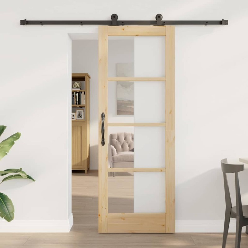 Porte coulissante avec ensemble de matériel 'ORKDAL'en bois massif et verre 