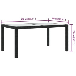 Table de jardin 150x90x75cm Verre trempé et résine tressée Noir 