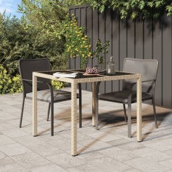 Table de jardin 90x90x75cm Verre trempé et résine tressée Beige 