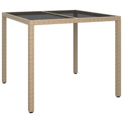 Table de jardin 90x90x75cm Verre trempé et résine tressée Beige 