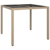 Table de jardin 90x90x75cm Verre trempé et résine tressée Beige 
