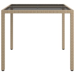 Table de jardin 90x90x75cm Verre trempé et résine tressée Beige 