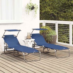 Chaises longues pliantes 2 pcs avec auvent en tissu Oxford 600D bleu 