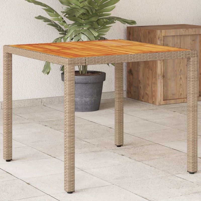 Table de jardin beige 90x90x75 cm résine tressée et bois acacia 