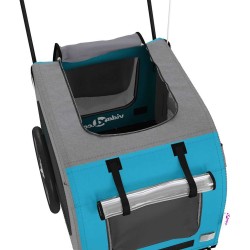 Remorque de vélo pour animaux, en bleu et gris, en tissu Oxford et acier. 