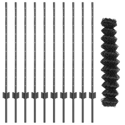 Clôture en maillon de chaîne avec 20 piquets U Gris 1x10 m Acier 