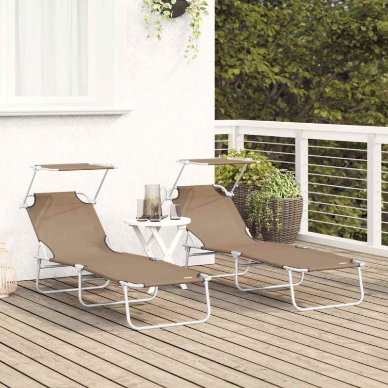 Chaises longues pliantes 2 pcs avec auvent en tissu Oxford 600D taupe 