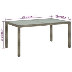 Table de jardin 150x90x75 cm Verre trempé et poly rotin Gris 
