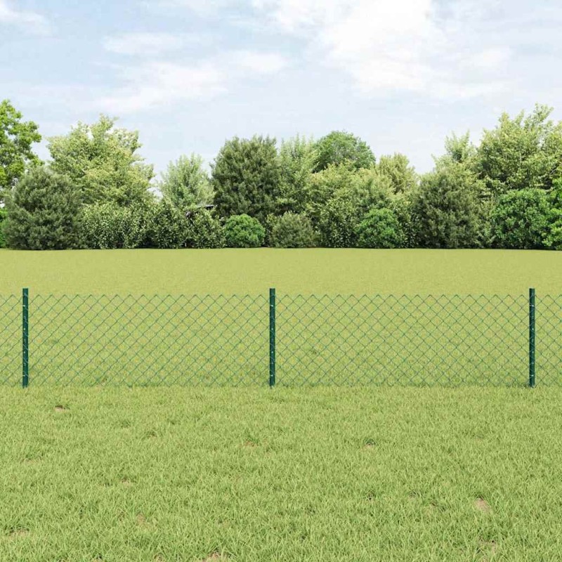 Clôture en maillons avec 22 poteaux en U verts 0,4x25 m en acier 