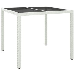 Table de jardin 90x90x75cm Verre trempé et résine tressée Blanc 