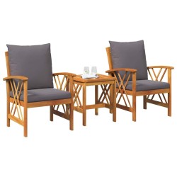 Ensemble de jardin 3 pièces avec coussins en bois d'acacia massif 