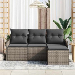 Ensemble de salon de jardin 4 pièces avec coussins en poly rotin gris 