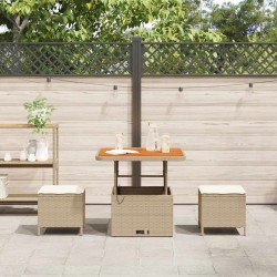 Ensemble de salle à manger de jardin 3 pièces avec coussins en beige en poly rotin et acacia 