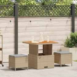 Ensemble de salle à manger de jardin 3 pièces avec coussins beige en poly rattan et acacia 