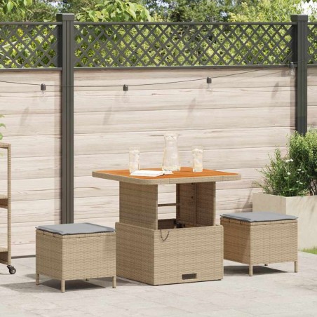 Ensemble de salle à manger de jardin 3 pièces avec coussins beige en poly rattan et acacia 