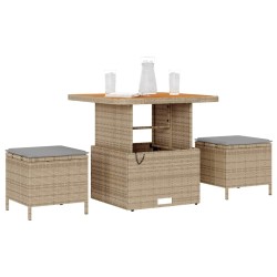 Ensemble de salle à manger de jardin 3 pièces avec coussins beige en poly rattan et acacia 