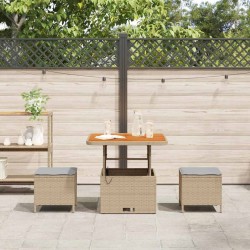 Ensemble de salle à manger de jardin 3 pièces avec coussins beige en poly rattan et acacia 