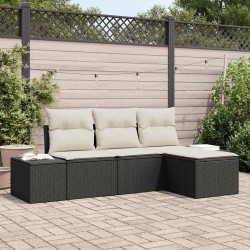 Ensemble de salon de jardin 4 pièces en polyrotin noir avec coussins 