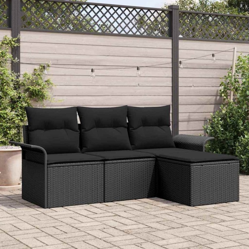 Ensemble de canapé de jardin de 4 pièces avec coussins noir en poly rotin 