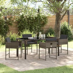 Ensemble de salle à manger de jardin 5 pièces avec coussins, Gris en poly rattan. 