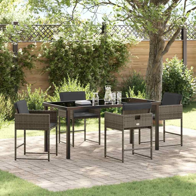 Ensemble de salle à manger de jardin 5 pièces avec coussins, Gris en poly rattan. 