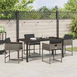 Ensemble de salle à manger de jardin 5 pièces avec coussins, Gris en poly rattan. 