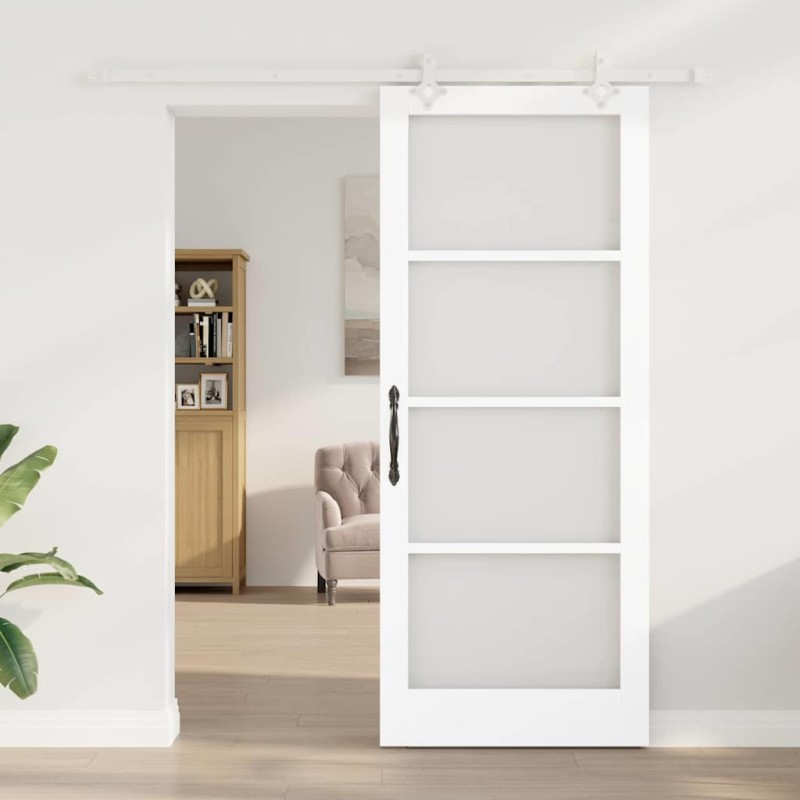 Porte coulissante avec ensemble de quincaillerie blanche 86x211 cm en bois massif de pin 