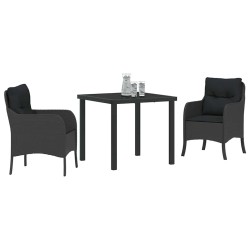 Ensemble de salle à manger de jardin 3 pièces avec coussins en rattan poly noir 