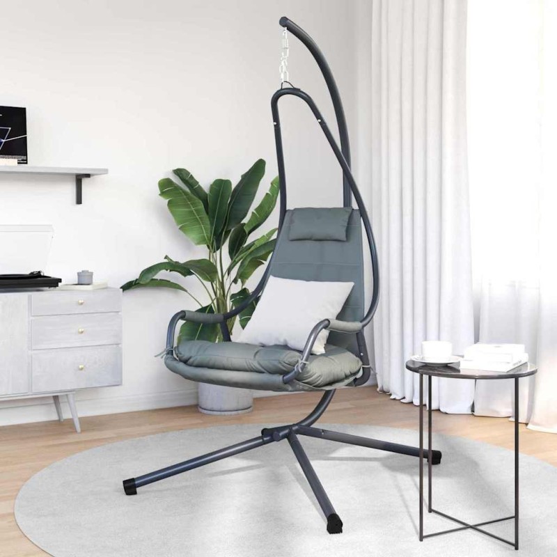 fauteuil suspendu avec support et coussin gris en acier 