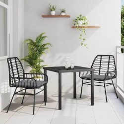 Set de jardin de 3 pièces avec coussins en poly rotin noir 