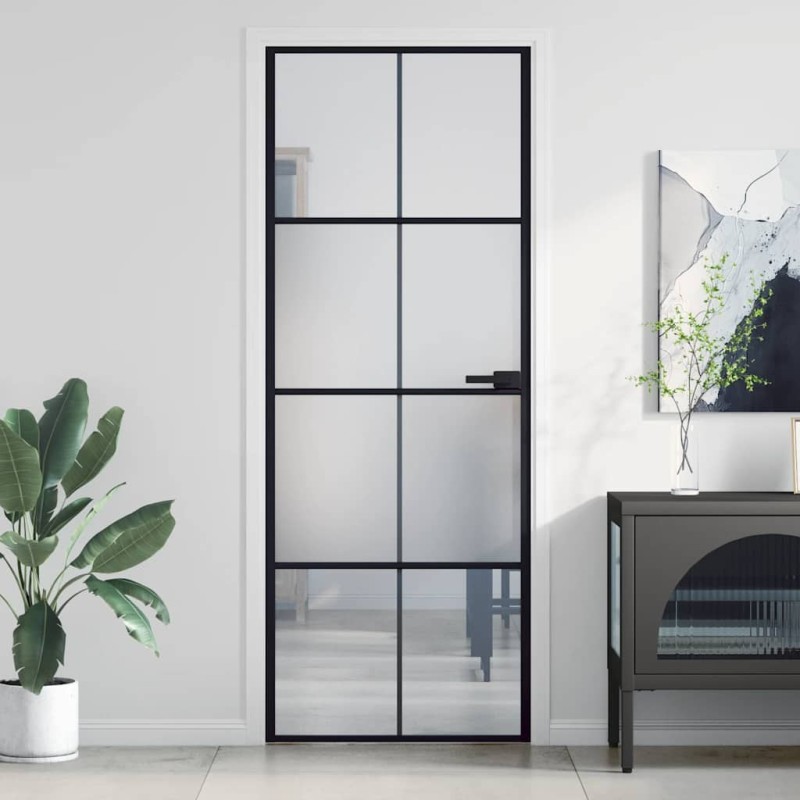 Porte intérieure mince noir 76x201,5 cm verre trempé aluminium 