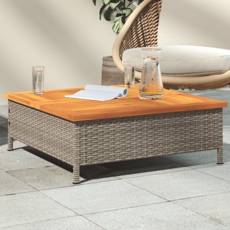 Table de jardin gris 70x70x25 cm résine tressée et bois acacia 