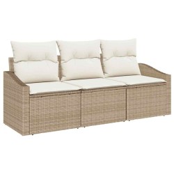 Ensemble de salle à manger de jardin 3 pièces avec coussins, beige, en polyrotin. 