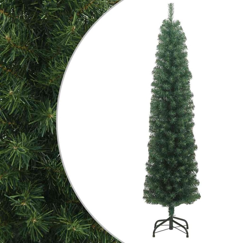 Sapin de Noël artificiel mince avec support vert 210 cm PVC 