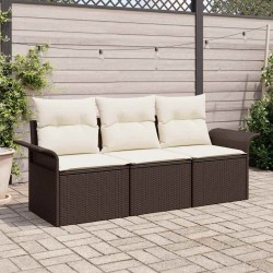 Ensemble de canapé de jardin 3 pièces avec coussins - Rattan Poly Marron 