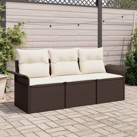 Ensemble de canapé de jardin 3 pièces avec coussins - Rattan Poly Marron 