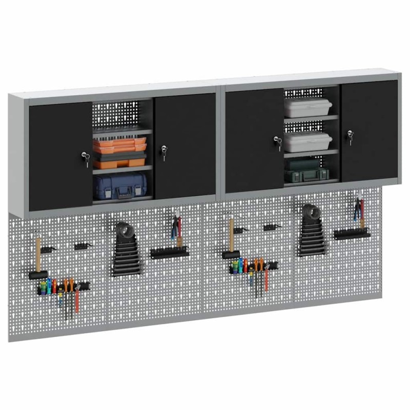 Ensemble de 4 pièces de cabinet à outils et panneau perforé monté au mur en métal noir 
