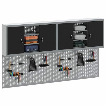 Ensemble de 4 pièces de cabinet à outils et panneau perforé monté au mur en métal noir 
