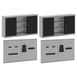 Ensemble de 4 pièces de cabinet à outils et panneau perforé monté au mur en métal noir 