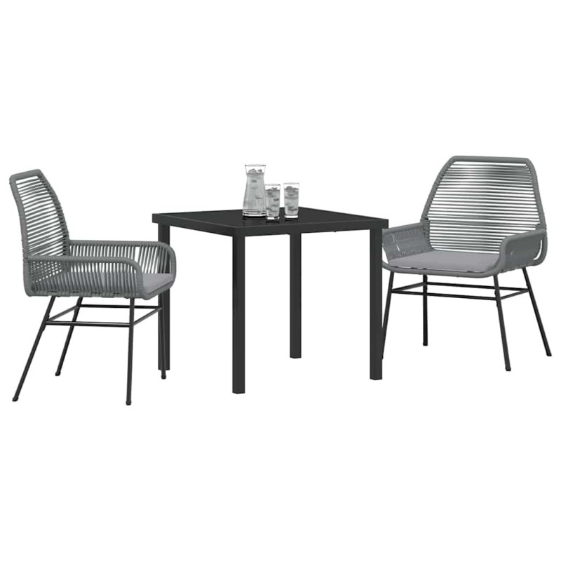 Ensemble de 3 pièces de salle à manger de jardin avec coussins en poly rotin gris. 