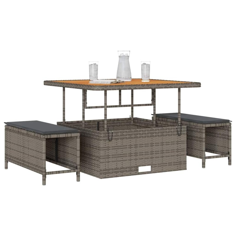 Ensemble de salle à manger de jardin 3 pièces avec coussins Gris en Poly Rattan et Acacia 