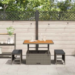 Ensemble de salle à manger de jardin 3 pièces avec coussins Gris en Poly Rattan et Acacia 