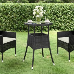 Table de jardin Ø60x75 cm Verre trempé/résine tressée Noir 