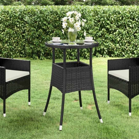Table de jardin Ø60x75 cm Verre trempé/résine tressée Noir 