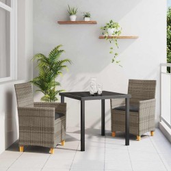 Set de salle à manger de jardin de 3 pièces avec coussins en poly rotin gris. 