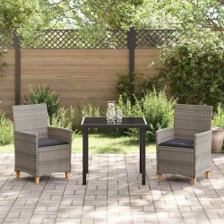 Set de salle à manger de jardin de 3 pièces avec coussins en poly rotin gris. 