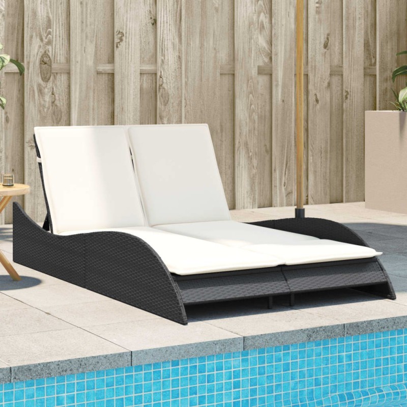 Chaise longue avec coussins noir 114x205x73 cm résine tressée 